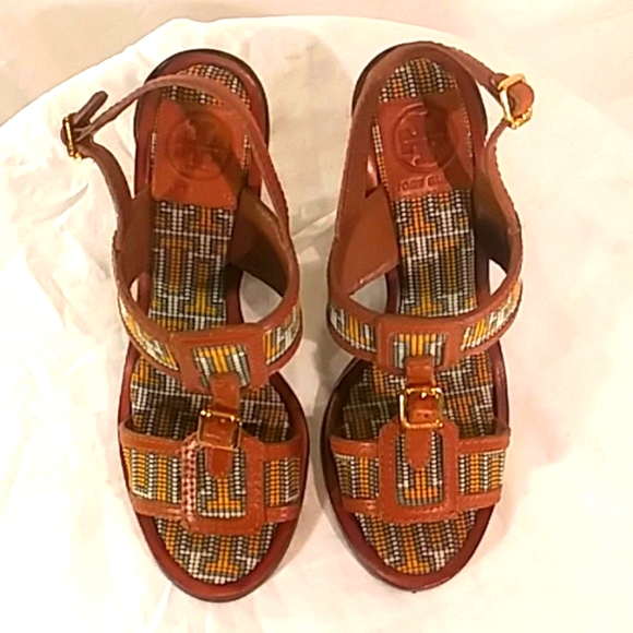 🔥 NWOT Tory Burch Multi Color & Leather Design Heels/Sandals - Picture 11 of 14